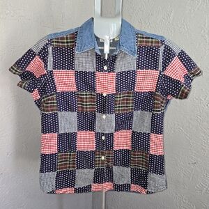 Vintage Patchwork Button Down Shirt Gingham Plaid Patriotic Denim Granny